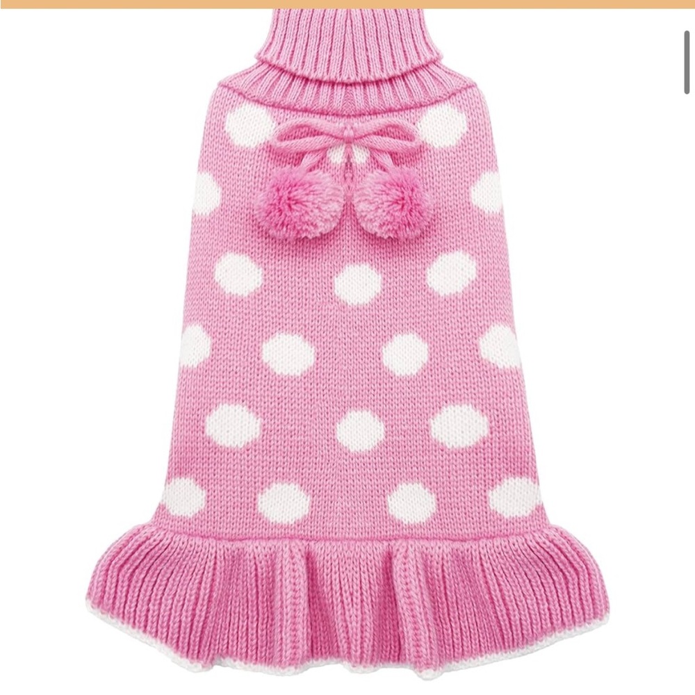 Pink Polka Dot Knit Sweater with Pom Pom Tie